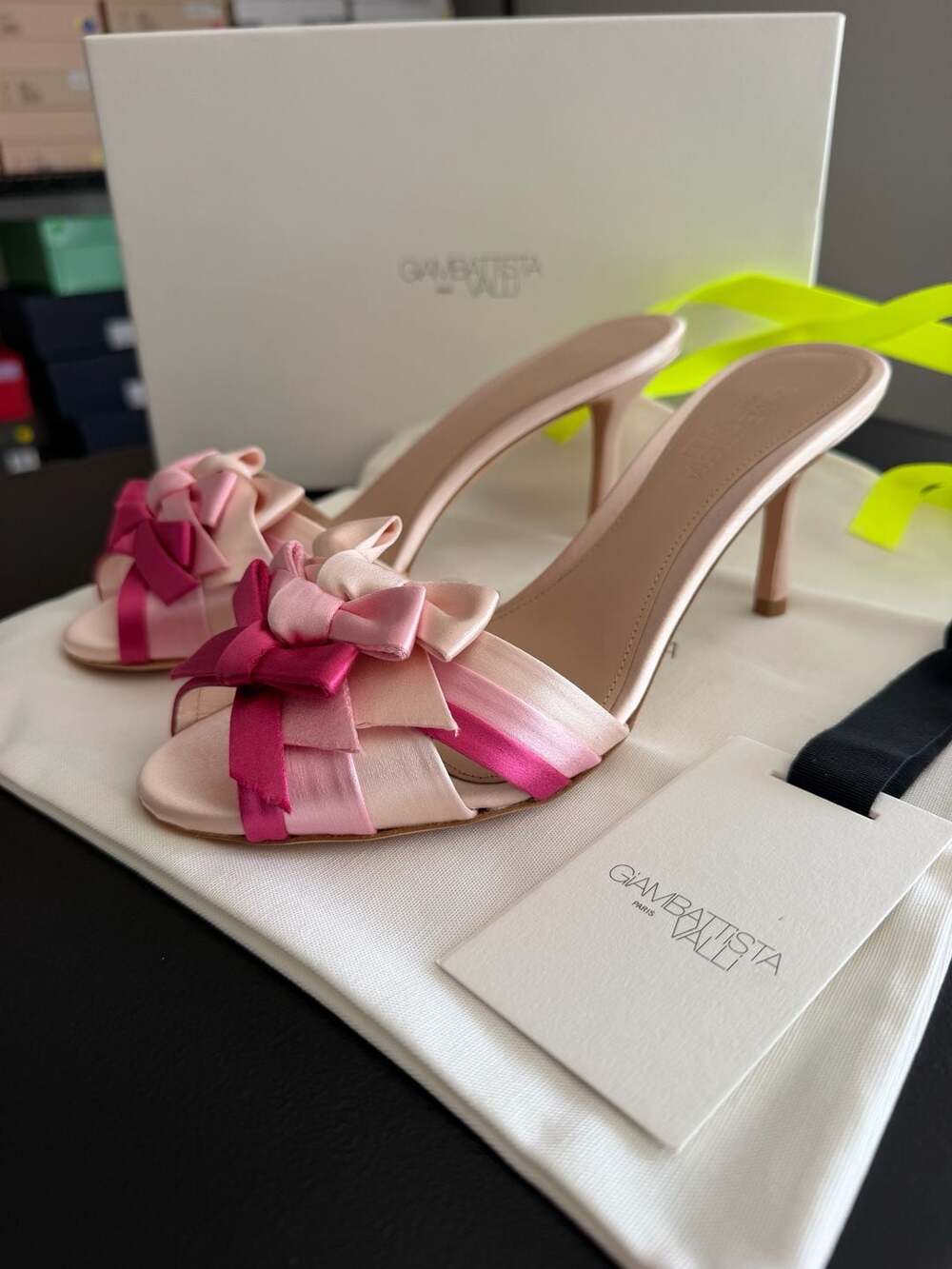 Giambattista Valli Bow Dress Mules Rose Tricolor Satin EU 38 MSRP $1,050